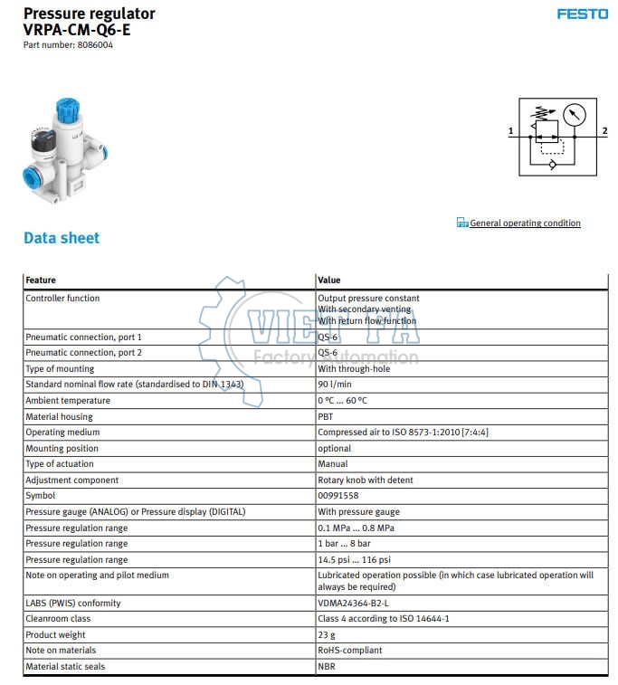 Pressure Regulator VRPA-CM-Q6-E Festo Bộ điều áp khí nén 2 Pressure Regulator VRPA-CM-Q6-E Festo Bộ điều áp khí nén